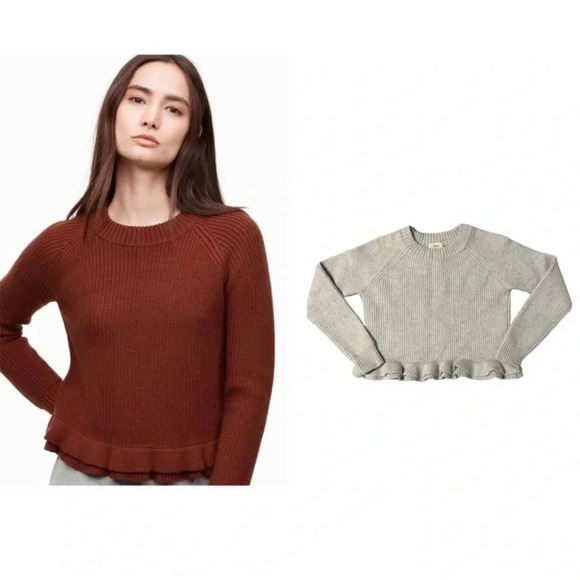 Aritzia Wilfred Jonnie 100% Merino Wool Ruffle Hemline Ribbed Crewneck Sweater S - Picture 1 of 11